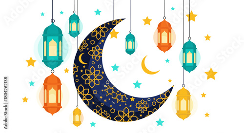 A beautiful vector illustration featuring a crescent moon, colorful lanterns, and twinkling stars, perfect for Islamic holiday celebrations and greetings.