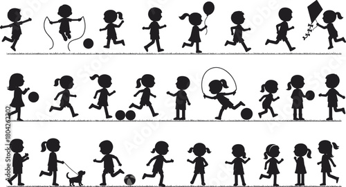 Silhouette of children playing outdoors in various activities, kids running, jumping, skipping rope, flying kite and holding balloons on grass field, vector illustration