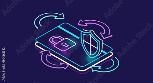 A vibrant neon illustration depicts robust data security and privacy protocols, featuring a padlock and shield protecting digital information flow within a dynamic online system.