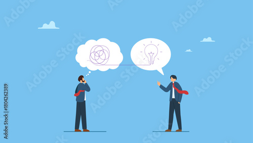 Confused businessman with messy thinking with other giving lightbulb solution. Problem solving skill to think of solution, creativity to solve difficult issue, resolution or coaching to help trouble.