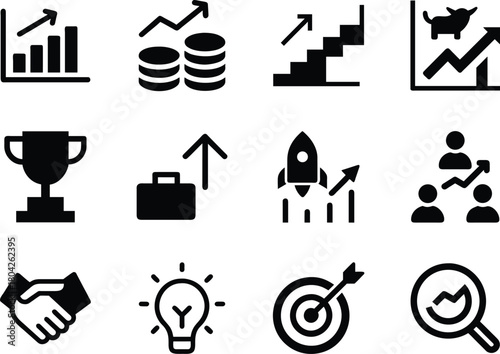 Business growth and success icon set in silhouette style for strategy, profit and progress designs.

