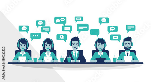A diverse team of customer service agents wearing headsets engages in multiple online conversations, providing support in a modern flat vector illustration.