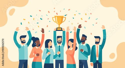 A diverse team of professionals joyfully celebrates their collective success, raising hands with a golden trophy amidst falling confetti, symbolizing triumph.