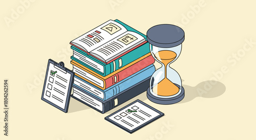 An isometric illustration depicts a stack of academic books, an hourglass, and checklists, symbolizing efficient time management and successful learning outcomes.