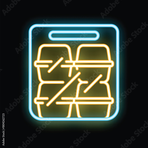 Glowing neon line lunch box icon isolated on black background