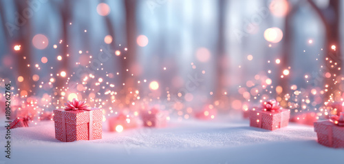 Magical christmas gifts are beautifully arranged in snowy landscape surrounded by sparkling lights creating festive atmosphere that brings joy and warmth to holiday season