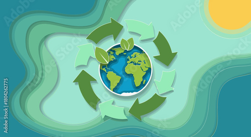 A vibrant vector illustration depicts the Earth surrounded by dynamic recycling arrows and green leaves, symbolizing global environmental protection and sustainable living concepts.