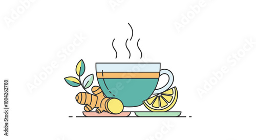 A beautifully illustrated flat design depicts a warm cup of herbal tea with fresh ginger, zesty lemon, and delicate leaves, symbolizing natural health and comfort.