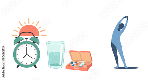 This bright illustration details a healthy morning routine, featuring alarm clock, water, medication, and a person stretching.