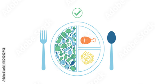 A vibrant flat design vector illustration showcases a balanced meal with vegetables, protein, and grains on a divided plate, promoting healthy eating habits.