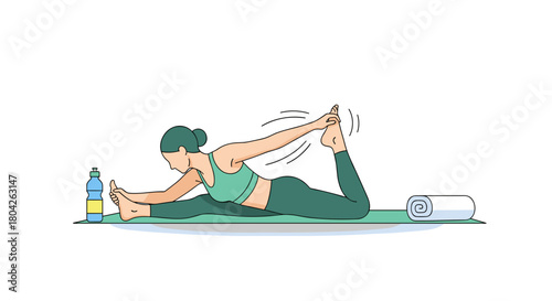 A focused woman demonstrates impressive flexibility and strength while performing a challenging yoga pose on a mat during her mindful fitness routine.