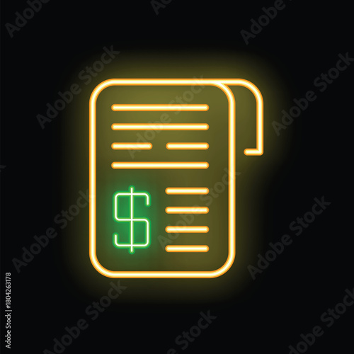 Neon icon of a bill with a green dollar sign glowing on a black background