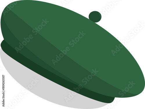 Green French beret hat vector flat illustration, classic military or fashion cap apparel, simple headwear design element graphic
