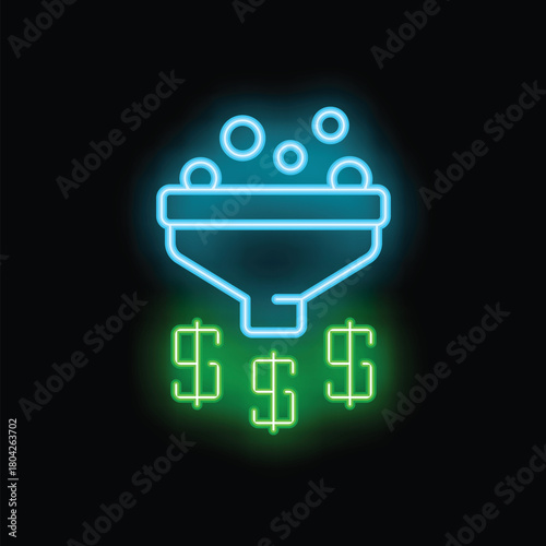Neon blue sales funnel generating green dollar signs over black background