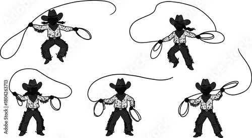 Silhouette of cowboy performing lasso tricks in multiple dynamic poses, western rodeo performer swinging rope with energy and style on white background, vector illustration