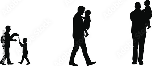 Silhouette of father holding and playing with child, vector illustration showing family love, parenting care, bonding, and happy outdoor lifestyle concept.