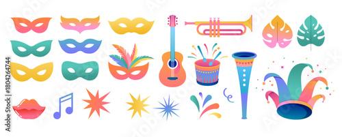 Carnival and Mardi Gras icons collection. Jester hat, masks, music instruments and other decorative elements.