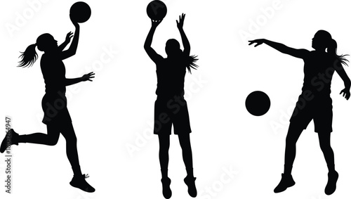 Silhouette of female basketball players in different action poses, jumping, shooting, and passing ball, isolated vector illustration for sports design and training concepts, dynamic movement.
