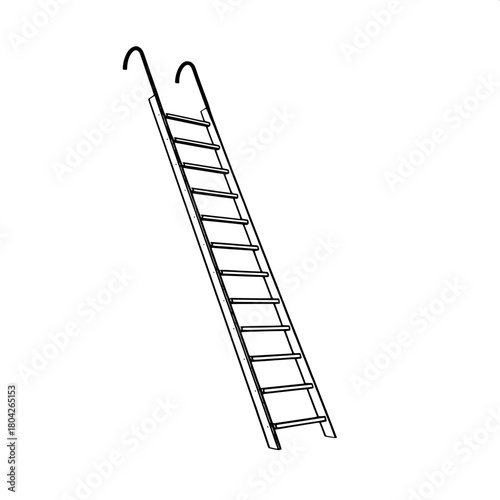 “A solid black outline of an industrial ladder in three-quarter view, set against a stark white backdrop. The flat vector style highlights the straight lines and curves without any texture or gradient