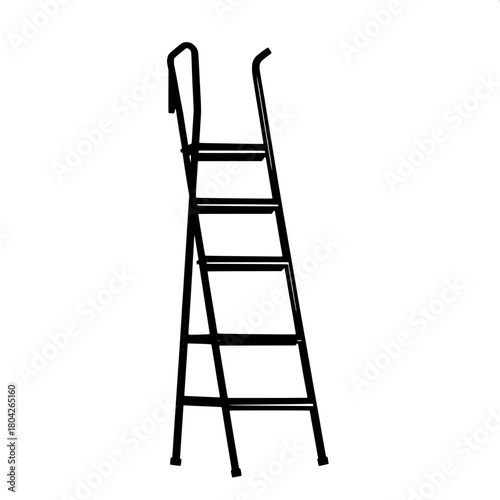 “A solid black outline of an industrial ladder in three-quarter view, set against a stark white backdrop. The flat vector style highlights the straight lines and curves without any texture or gradient
