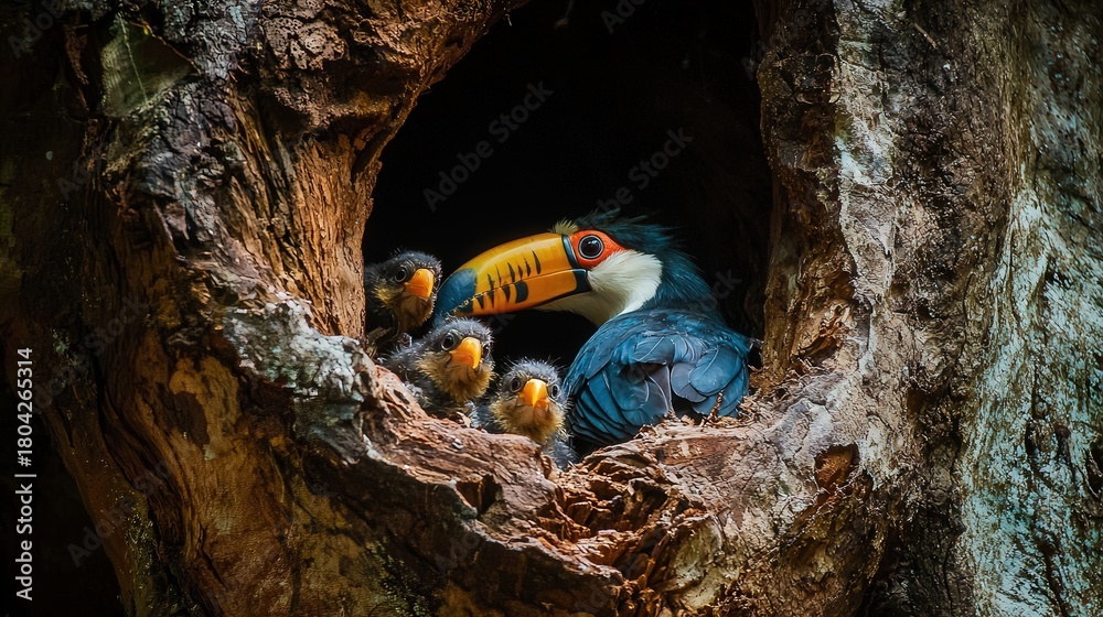 Obraz premium A toucan feeding its chicks in a hollow tree in a tropical rainforest