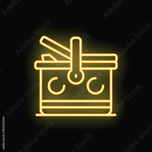 Simple yellow neon icon of an open picnic basket is glowing on a black background