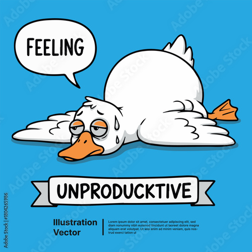 Exhausted cartoon duck feeling completely unproductive and overwhelmed, lying flat, struggling