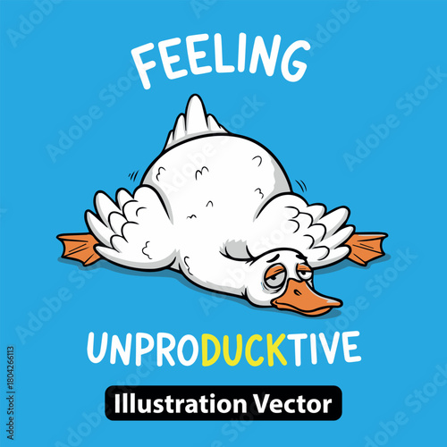 Cartoon vector illustration of a tired white duck feeling lazy and unproductive on a blue background