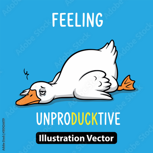 Cartoon vector illustration of a tired, exhausted white duck feeling unproductive and lazy