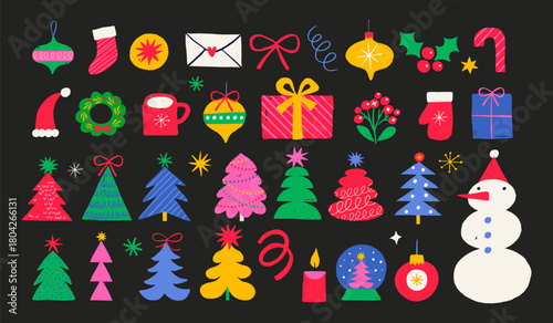 Colorful retro Christmas icons collection. Snowman, Christmas trees, ornaments and other holiday elements set.