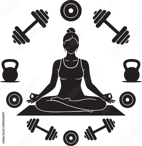 Yoga meditation woman surrounded by gym equipment illustration