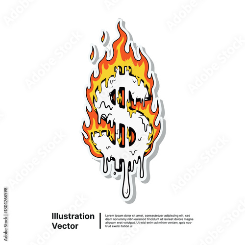 Dollar sign engulfed in flames, representing financial loss, risk, or inflation with illustrative vector