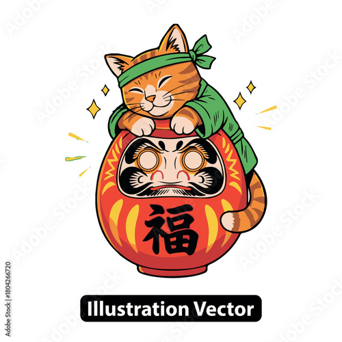 Cute Kawaii Cat Resting on a Daruma Doll With Good Fortune Sign Illustration