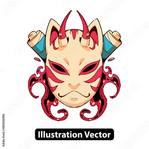 Mystical Japanese demon mask with horns and ancient scrolls, a vector art of folklore