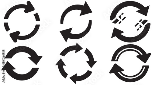Abstract kinetic circular arrows forming a loop or cycle, black silhouette vector symbol for process exchange, recycling workflow, or continuous syncing