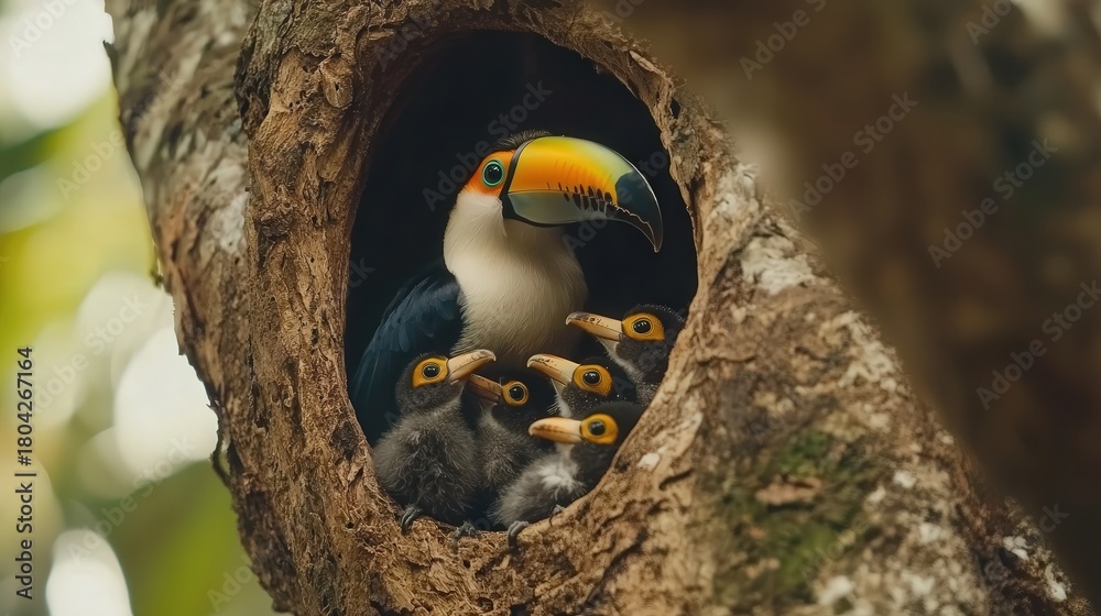 Naklejka premium A toucan feeding its chicks in a hollow tree in a tropical rainforest