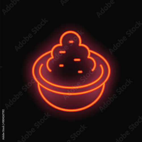 Glowing neon sign representing a bowl full of hummus with chickpeas on top, perfect for attracting customers to a restaurant