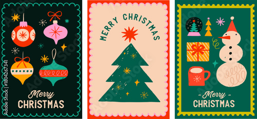 Retro geometric vertical Merry Christmas banner, winter poster and greeting card design.