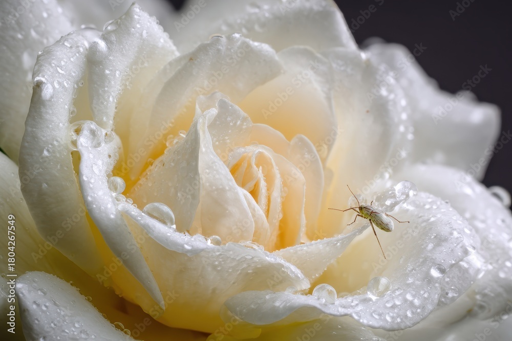 Fototapeta premium Dew-Kissed Ivory Rose - Delicate Petals and Tiny Insect in Soft Light.
