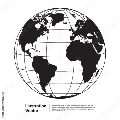 Globe Earth Illustration Black and White Depiction of Continents and Gridlines, World Map Icon