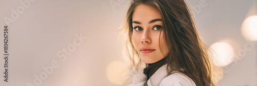 Beautiful Young Woman Portrait Confident Gaze Natural Beauty Long Brown Hair Studio Headshot Warm Light