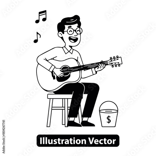 A cheerful street musician playing an acoustic guitar for tips, a black and white vector art