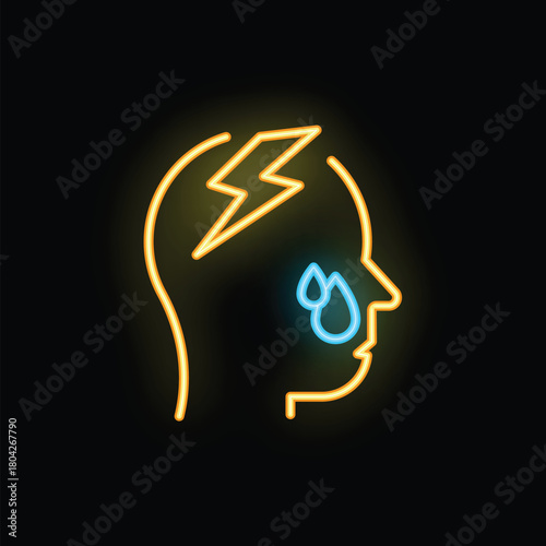 Neon sign illustrating a person with a migraine with aura, characterized by a bolt of lightning and crying eyes