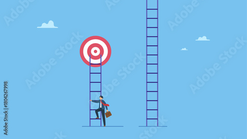 Smart businessman about to climb up ladder to achieve short term goal. Focus on short term goal to achieve long term success, business strategy or planning, financial goal or project plan.