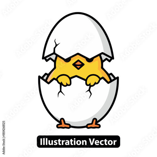 Cute yellow baby chick hatching from a cracked eggshell as a concept of new life