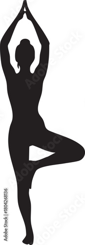 Silhouette of woman practicing yoga tree pose or Vrksasana vector illustration
