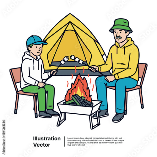 Father and son enjoy a cozy evening camping, roasting delicious marshmallows over a warm campfire in nature