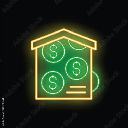 Glowing neon sign of a house with dollar coins symbolizing the concept of saving money