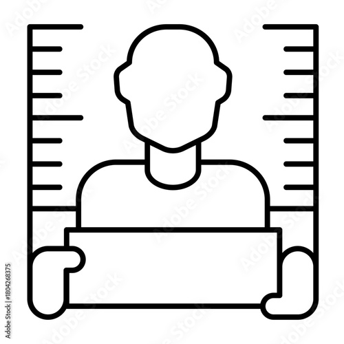 Portrait photo of bandit thin line icon, police force concept. Vector graphics. Man at ruler with plank, law and order sign on white background, style icon mobile or web design.