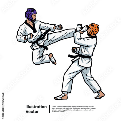 Dynamic vector illustration depicting two skilled martial artists engaging in an action-packed sparring session